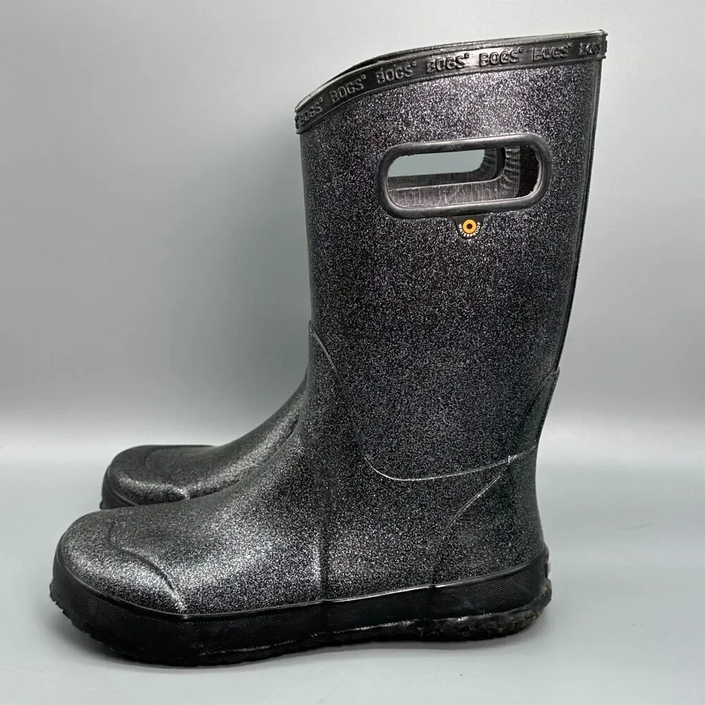 Bogs Rainboot Glitter Youth Girls 6 Gray Black Sparkle Tall Pull On Waterproof